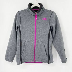 North Face Banderitas Fleece Knit Full Zip Jacket Sz L Girls‎ Gray Pink Logo
